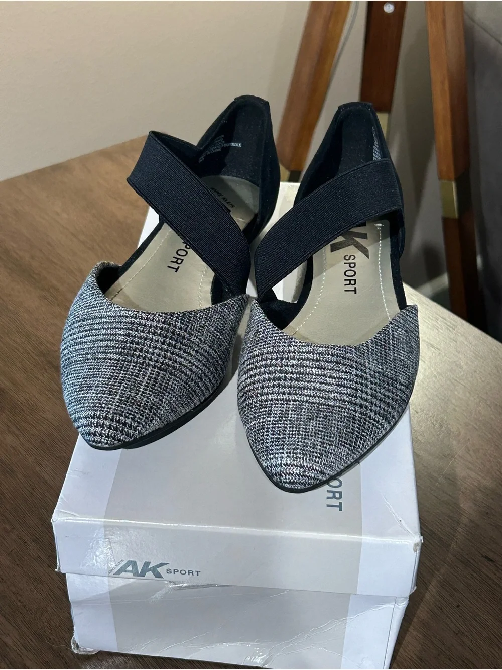 Anne Klein Sport Black and Gray Pointed Toe Flats with Elastic Crossover